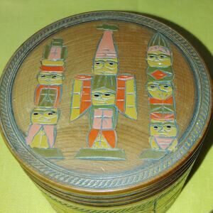 MCM Wood Round Coasters 10 with Holder  American Indian Design Totem Pole